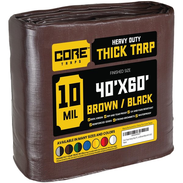 Core Tarps 60 ft L x 0.5 mm H x 40 ft W Heavy Duty 10 Mil Tarp, Brown/Black, Polyethylene CT-602-40X60